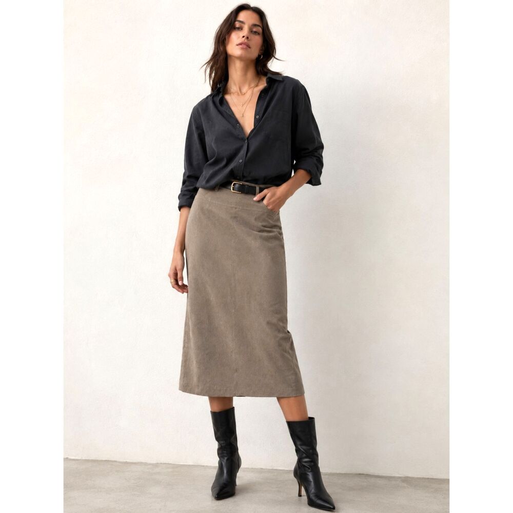 Vintage Ambitions Faux Suede Midi Pencil Skirt Taupe Made in USA Size 16 80s